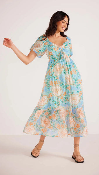 Evelyn Puff Sleeve Midi Dress - Mint Floral