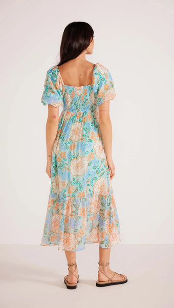 Evelyn Puff Sleeve Midi Dress - Mint Floral
