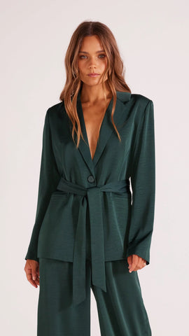 Erin Satin Belted Blazer - Emerald Green