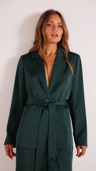 Erin Satin Belted Blazer - Emerald Green